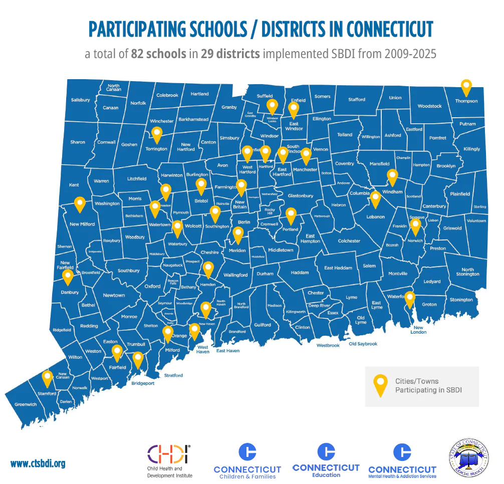 Map of CT with pins showing the 26 school districts that have implemented SBDI to date