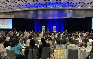 Large crowd seated in hotel ballroom watches keynote speaker at 2024 CT Evidence Based Practice Conference. 