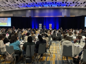 Large crowd seated in hotel ballroom watches keynote speaker at 2024 CT Evidence Based Practice Conference. 