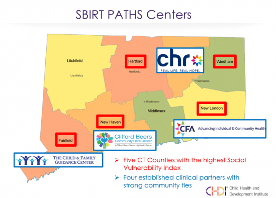 A map of Connecticut showing the five counties (Fairfield, New Haven, Hartford, Windham, and New London) counties and four clinical providers (listed in article) who will host SBIRT PATHS hubs/centers.